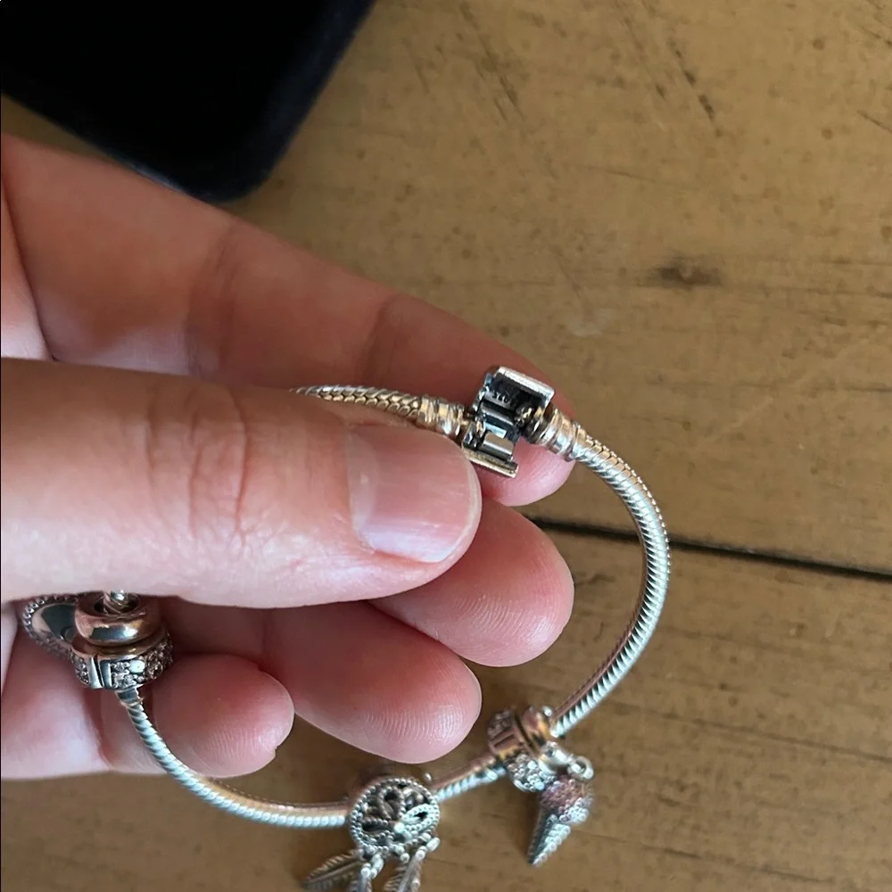 Pandora Sterling Silver Rope Bracelet 7.5 inches with 2 spacers and 6 charms! - Picture 9 of 12